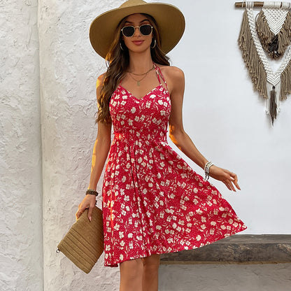 V Neck Halter Neck Floral Print Mini Dress