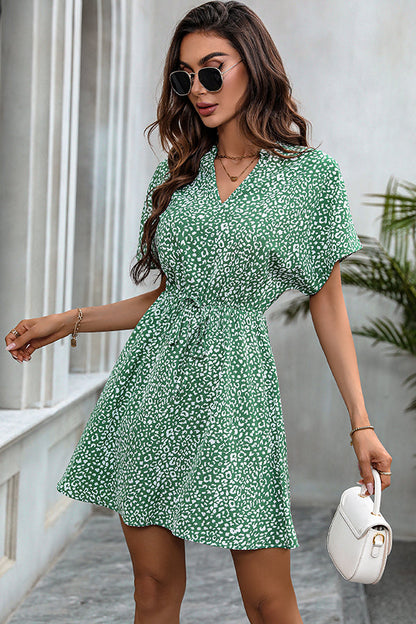 Leopard Print V Neck Tie Waist Casual Dress