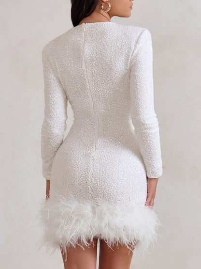 High Neck White Sequin Feather Hem Mini Dress