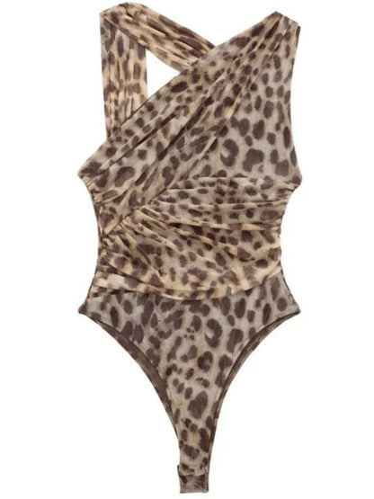 Absolute Trend mesh leopard print asymmetric pleated stretch bodysuit