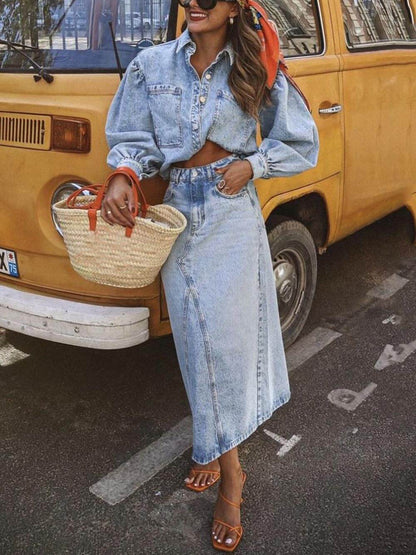 Retro Fashion Denim Jacket High Waist Skirt Set