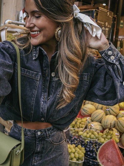 Retro Fashion Denim Jacket High Waist Skirt Set