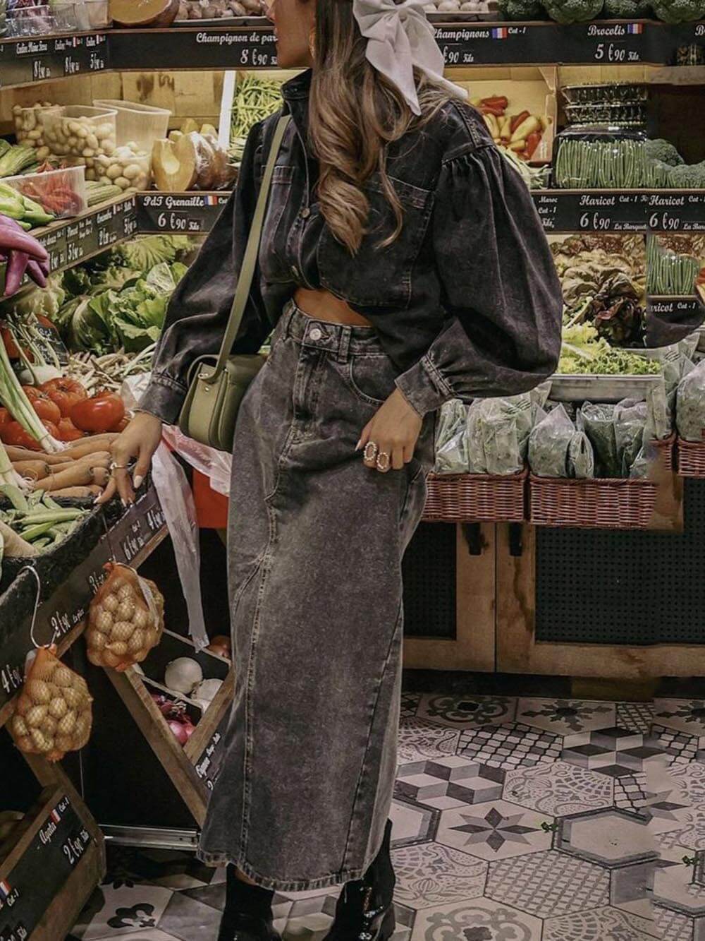 Retro Fashion Denim Jacket High Waist Skirt Set