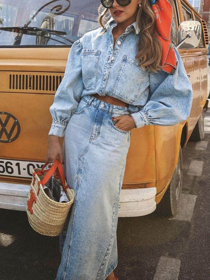 Retro Fashion Denim Jacket High Waist Skirt Set