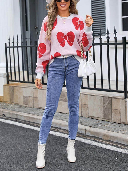Classic Fashionable Loose Round Neck Knitted Bow Sweater