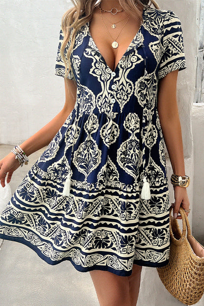 Fashion Printed V Neck Ruffle Hem Dress