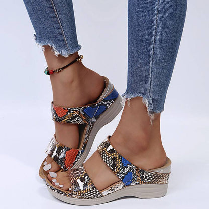 Libiyi Women's Casual Slope Heel Snake Print Slippers