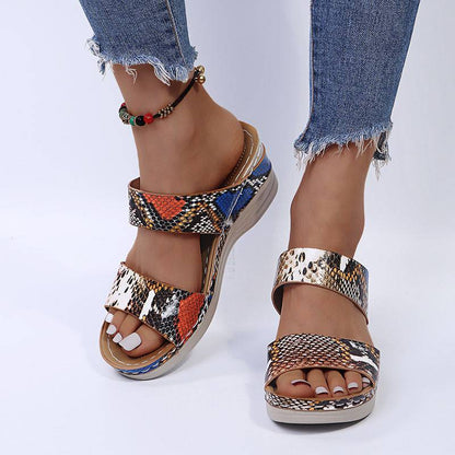 Libiyi Women's Casual Slope Heel Snake Print Slippers