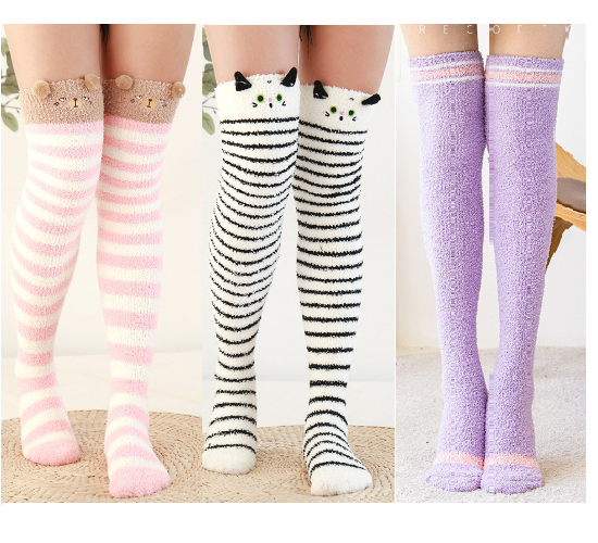 3 Pairs Soft Winter Warm Coral Fleece Knee Socks for Girls Women