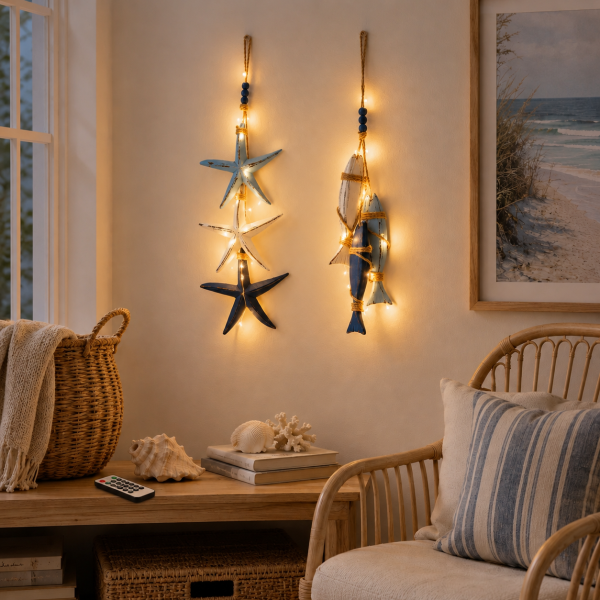 🐟🌊Lighted Coastal Wooden Starfish & Fish Hanging Decor