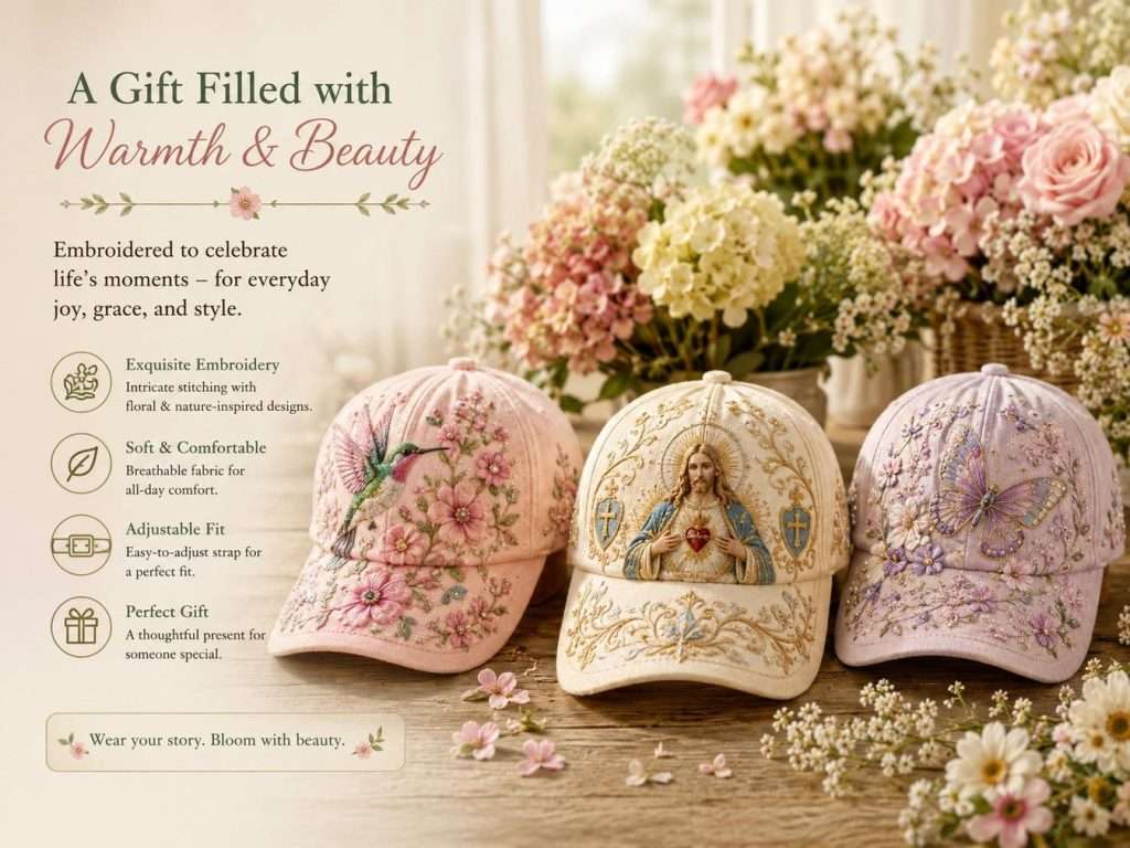 Custom embroidered baseball caps with floral patterns, hummingbird, and religious motifs as thoughtful gifts